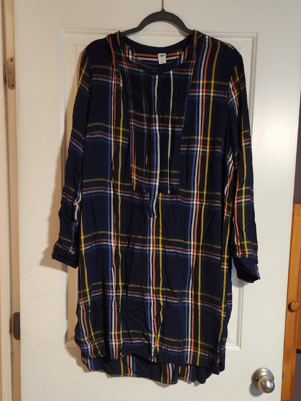 Navy Plaid Shirt Dress with Yellow & White Stripes